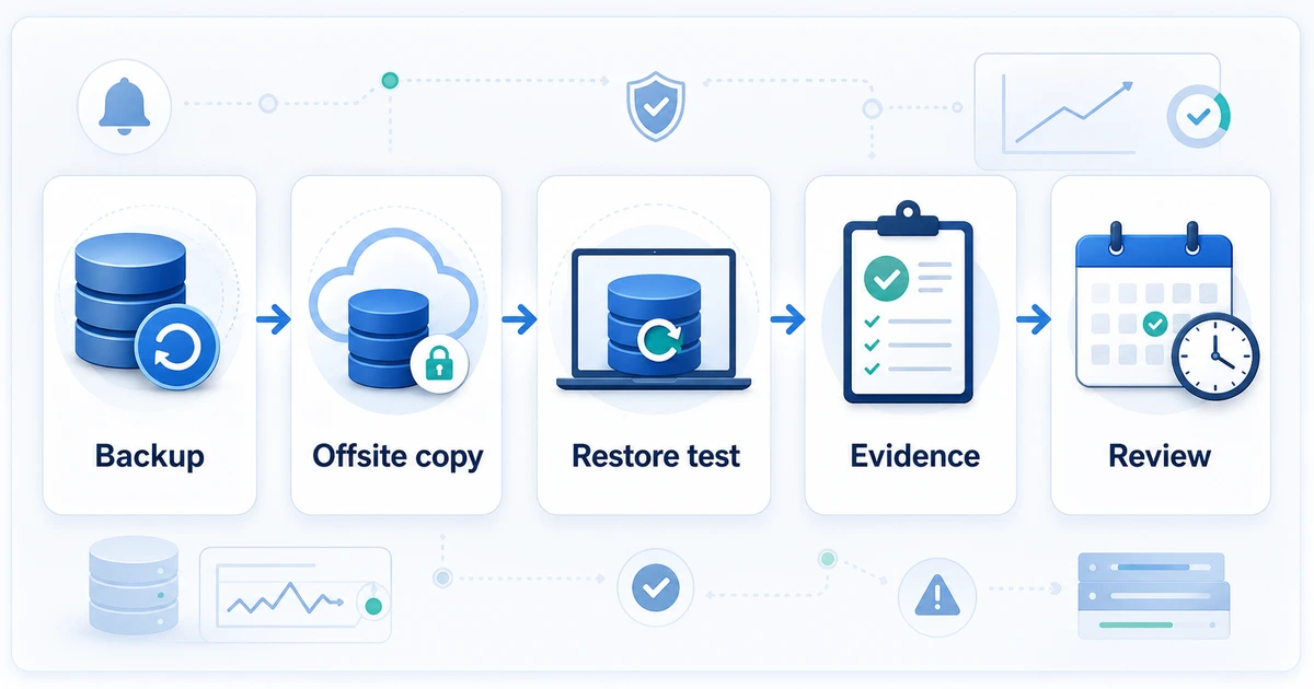 Flujo de validación de backup con copia externa, prueba de restauración, evidencia y revisión mensual