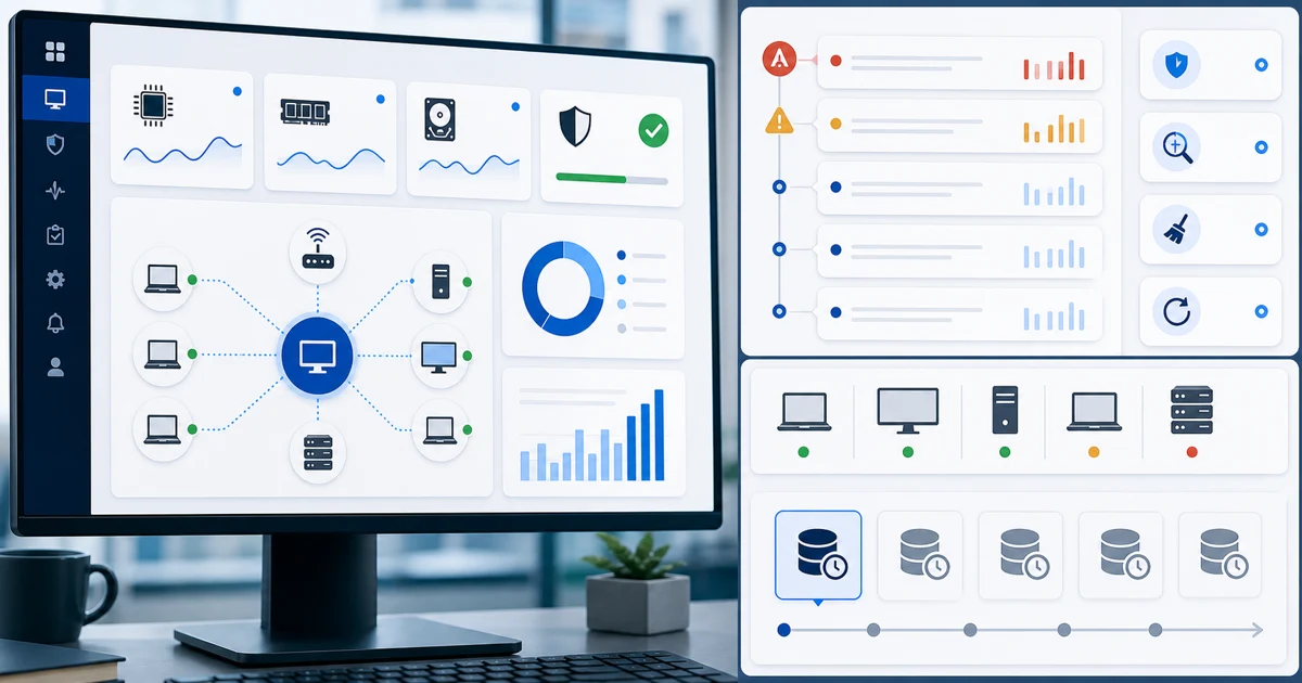 Panel de monitoreo RMM con métricas, alertas, snapshots de inventario y señales de acción