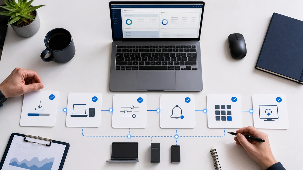 Flujo visual de onboarding: instalar agente, validar inventario, asignar política, revisar alertas, verificar parches y confirmar acceso remoto