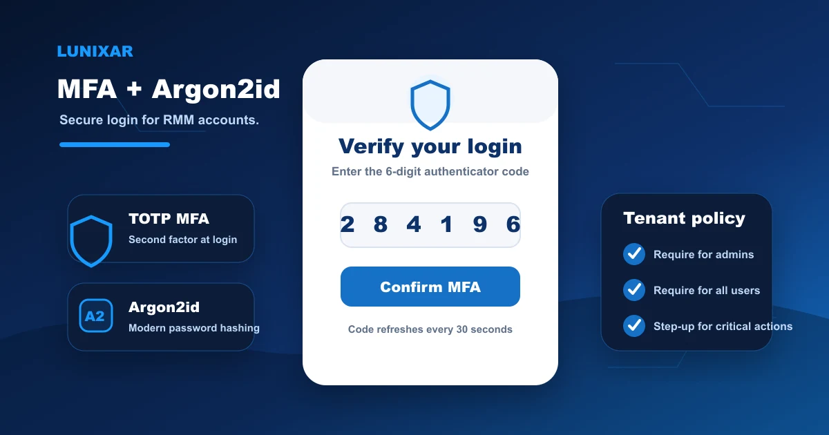 MFA en Lunixar RMM: TOTP, Argon2id y política por tenant