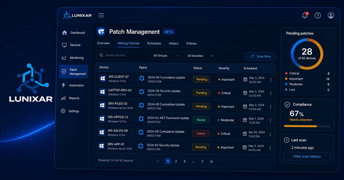 Patch Management en beta para Windows en Lunixar RMM