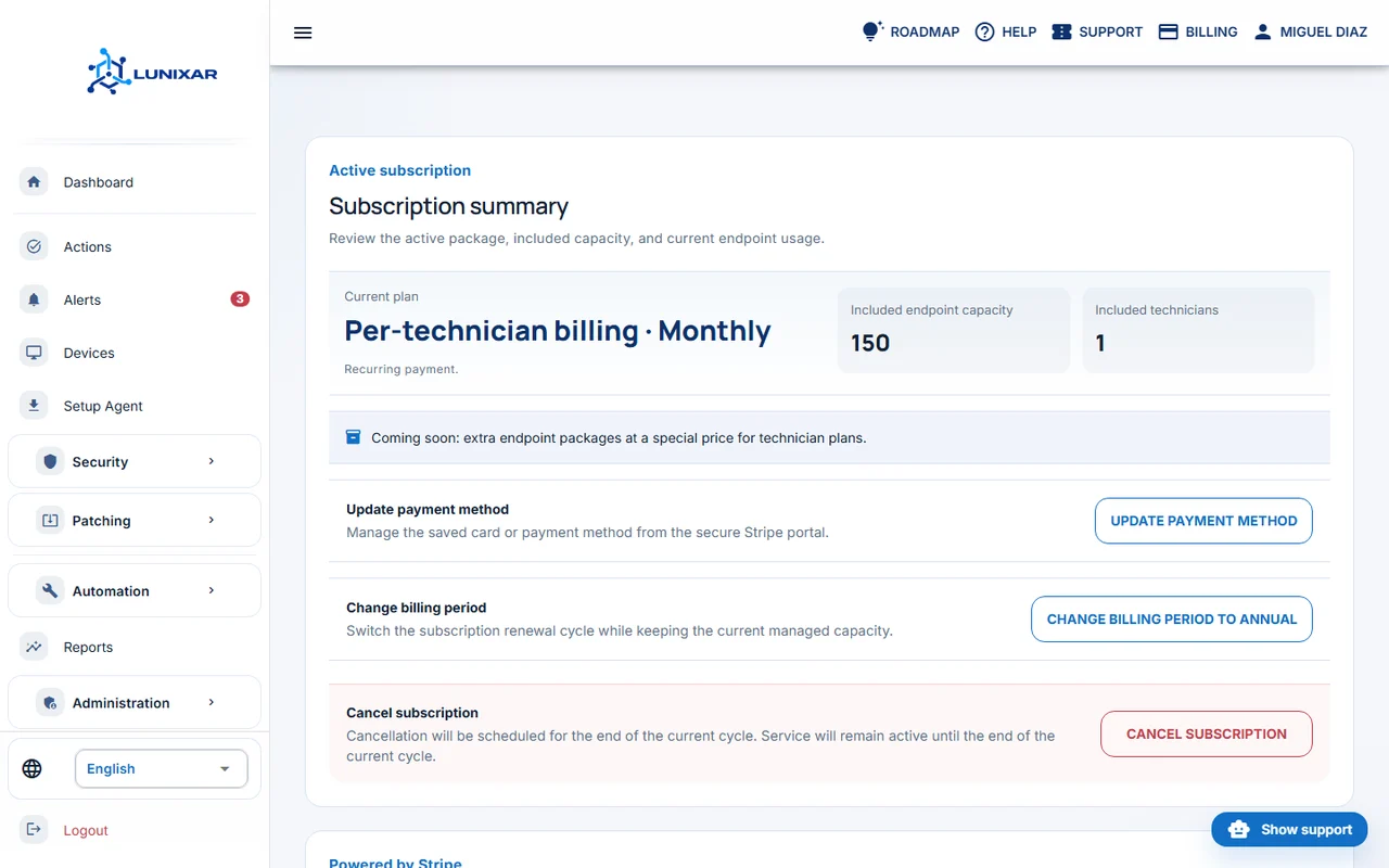 Pantalla de billing y precios de Lunixar RMM con contexto de suscripción