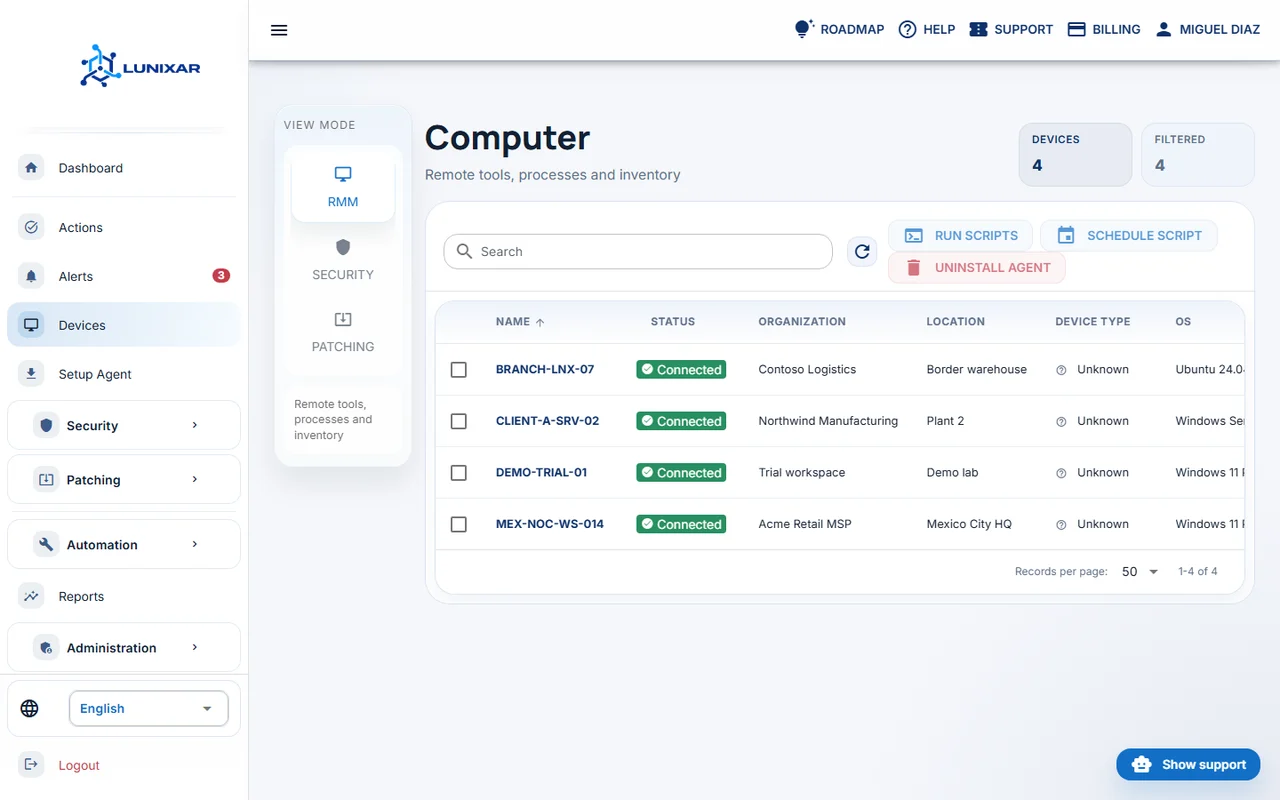 Vista multitenant de Lunixar RMM para operación MSP con varios clientes