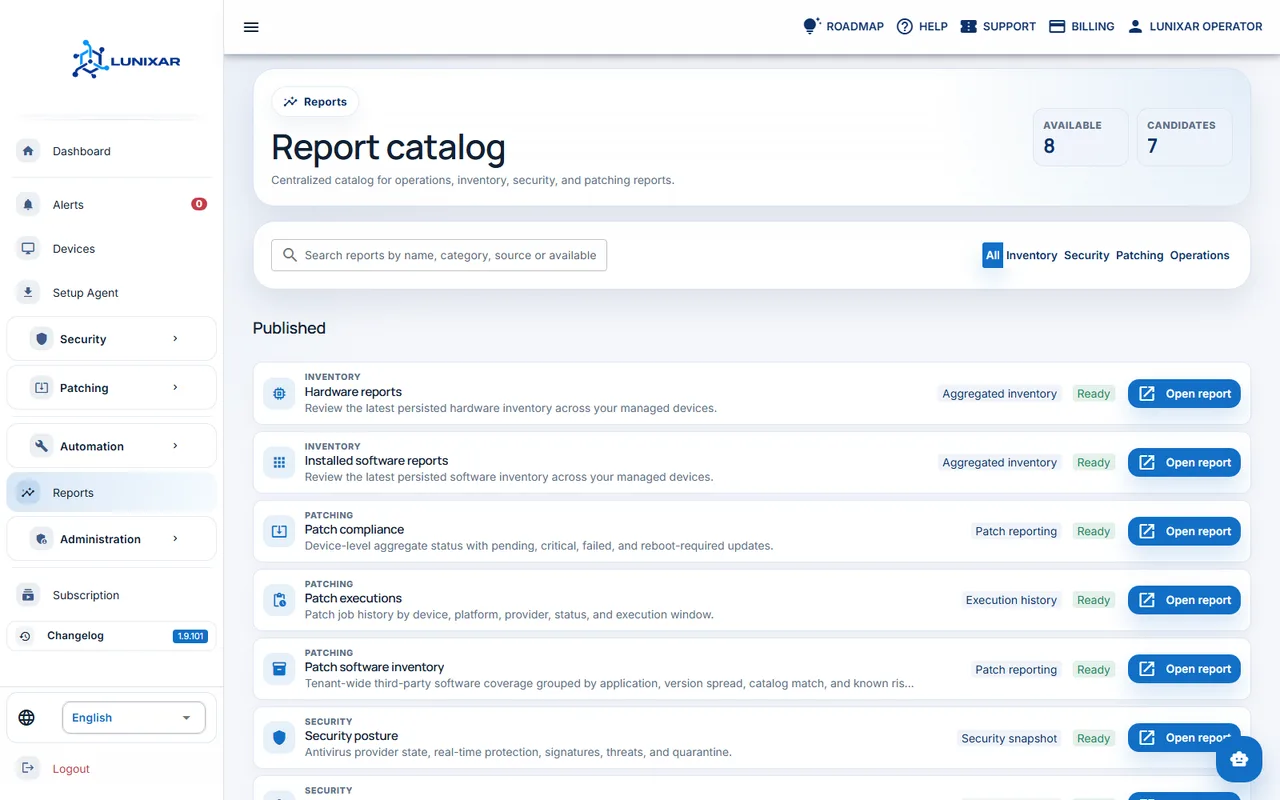 Pantalla de reportes de Lunixar RMM con vistas operativas y de endpoints