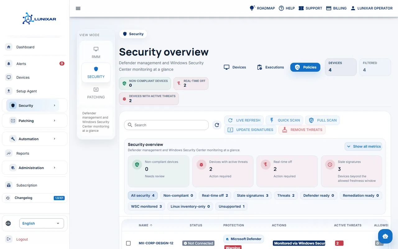 Pantalla de seguridad de Lunixar RMM con controles de acceso y señales de endpoints