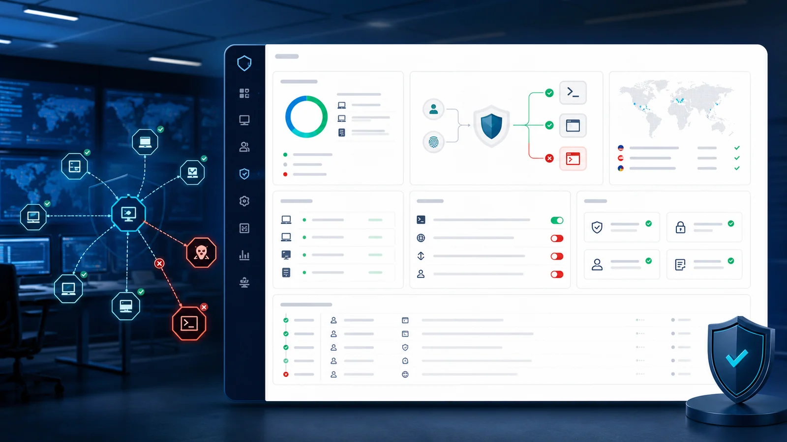 Consola de seguridad RMM con endpoints administrados, controles de confianza y ejecuciones bloqueadas.