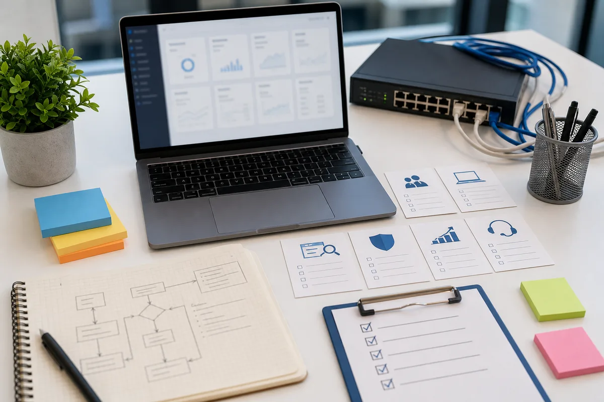 Mesa de planeación operativa para una empresa de TI con laptop, checklist, tarjetas de servicio y equipo de red