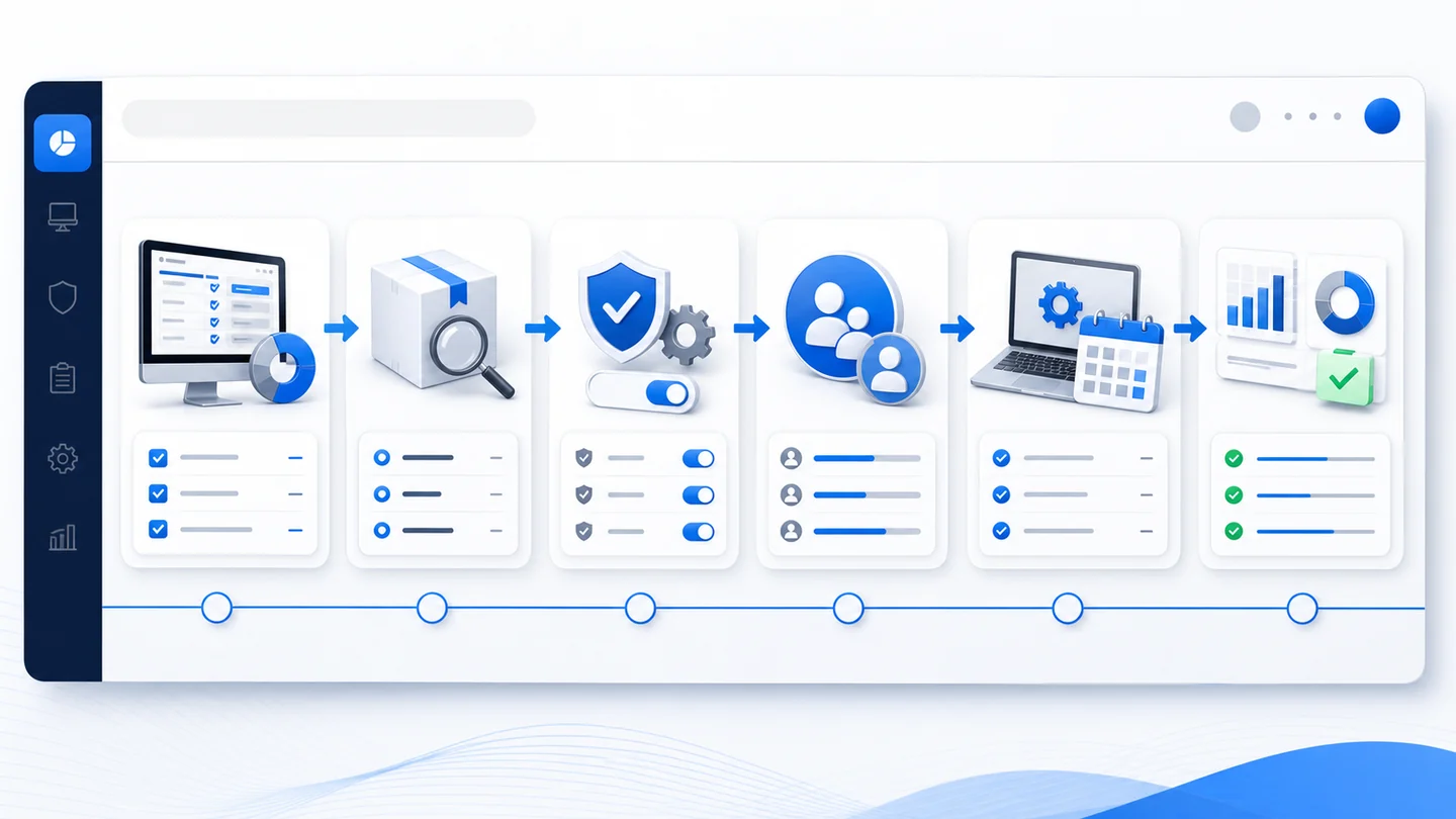 Flujo visual para parches de terceros con inventario, WinGet, despliegue y verificación