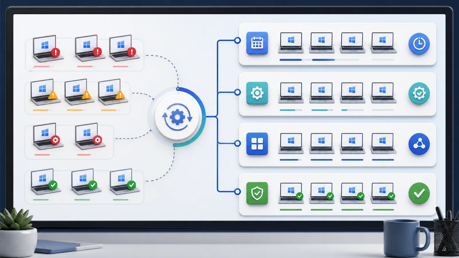 Panel centralizado de automatización de parches de Windows con equipos pendientes, programados, fallidos y verificados